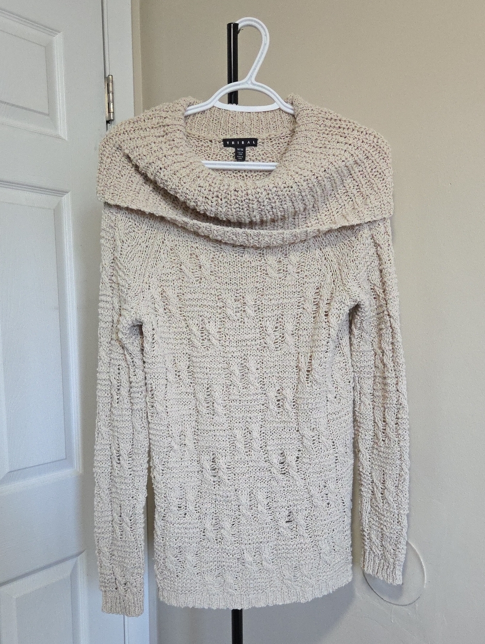 Tribal Neutral Cream Cable Cowl Neck Sweater